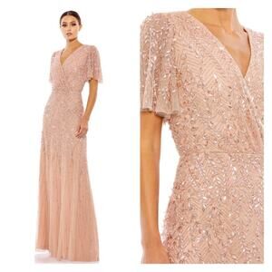 Mac Duggal Nude Embellished Flutter Sleeve Gown Size 8 $698 35109